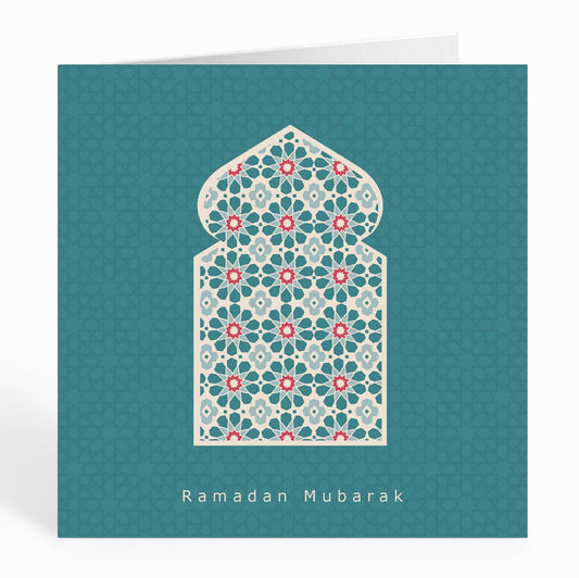 Ramadan Mubarak Card Green, Geometric Islamic Pattern, Arch